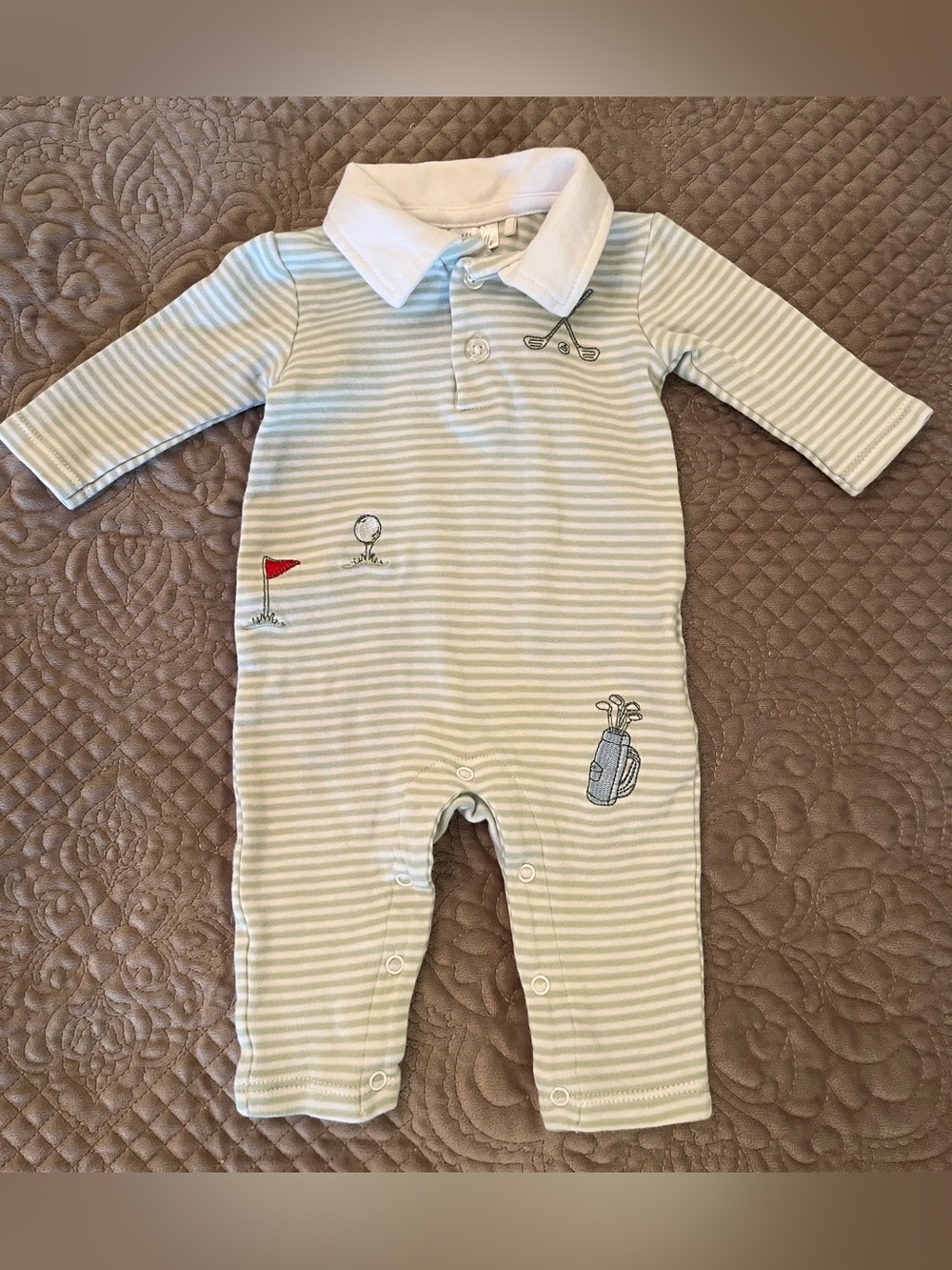 Tres Beau and Bell Striped Baby One-Piece with Golf Embroidery - Light Green